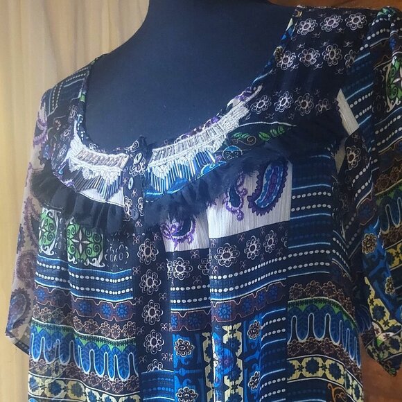 One World Jewel-Colored, Beaded Neckline Flowy Blouse - Size L - Picture 1 of 7